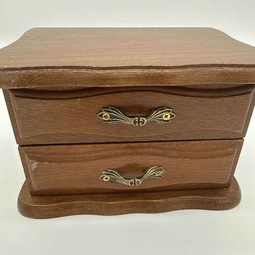 Vintage Wooden Mini Jewelry Box Drawer Flip Top Storage Felt Lined